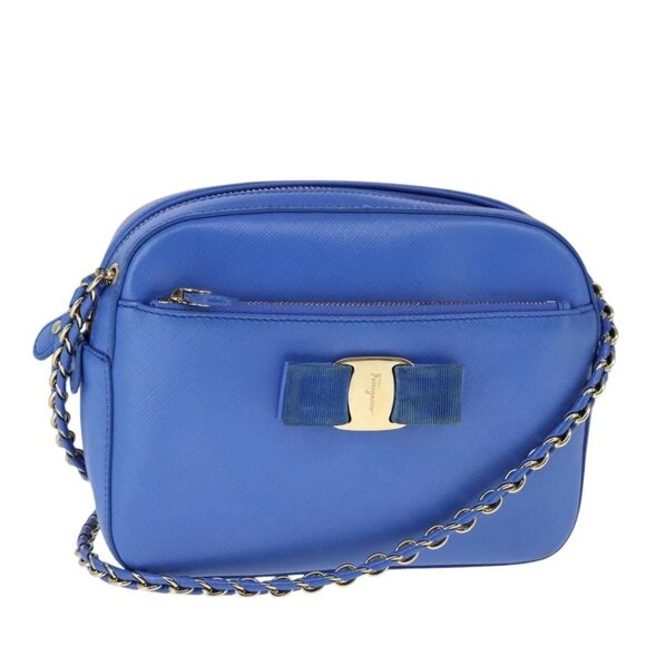 Salvatore Ferragamo Vala Chain Shoulder Bag Leather Blue Gold Auth 106166 - Picture 1 of 16